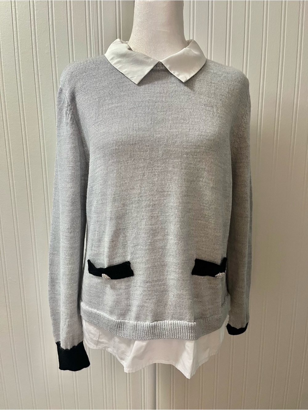 Karl Lagerfeld Gray Knit Sweater with White Collar and Black Accents